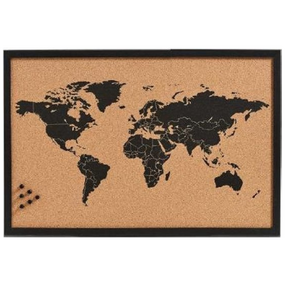 Kurk prikbord - wereldkaart - zwarte zeefdruk - 60 x 40 cm