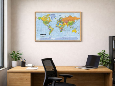 Splosh Reiskaart - XL Desk World Map Pin Board in zwart, houten frame, wereldkaart, kurkbord met 100 pinnen in 2 kleuren om je avonturen uit het verleden en de toekomst te markeren