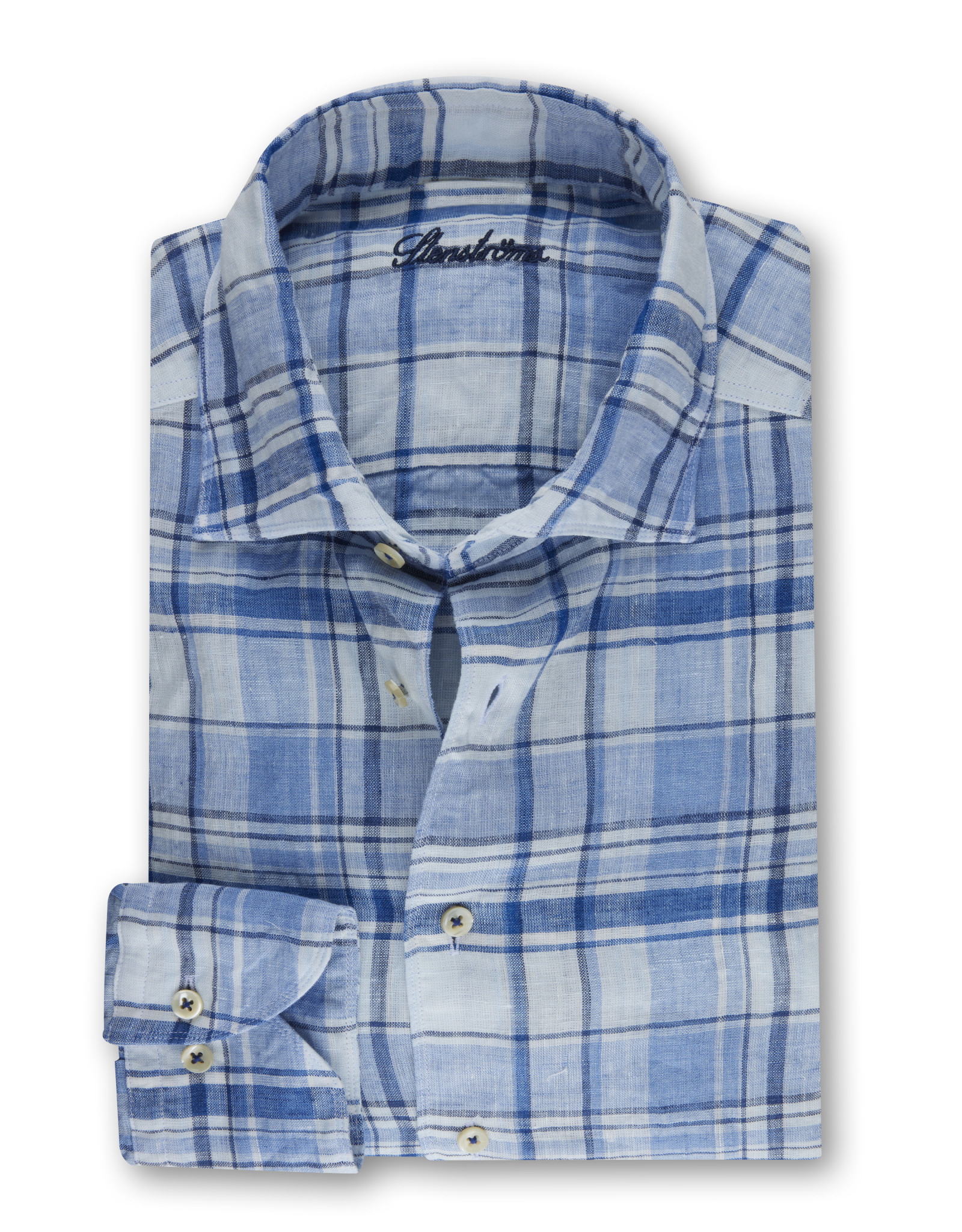 Stenströms Stenströms shirt linen blue check slimline