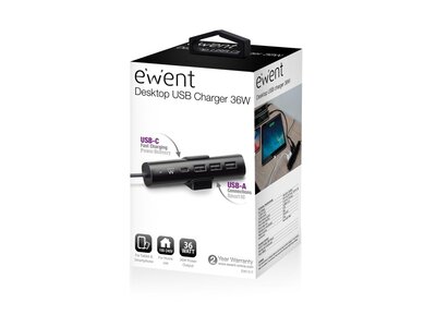 Ewent EW1317 Desktop USB Lader 36W met 1 USB-C poort met Power Delivery en 3 USB-A poorten met Smart IC