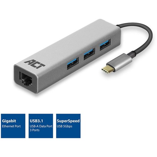 ACT ACT AC7055 3-Poorts USB-C 3.2 (USB 3.0) Hub met Gigabit ethernet poort