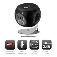 EW3938 Kubusvormige stekkerdoos 3x inclusief 3 USB-poorten, 1.5m Zwarte uitvoering