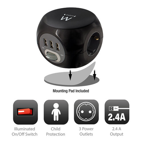 Ewent EW3938 Kubusvormige stekkerdoos 3x inclusief 3 USB-poorten, 1.5m Zwarte uitvoering Ewent EW3938 Kubusvormige stekkerdoos 3x inclusief 3 USB-poorten, 1.5m Zwarte uitvoering