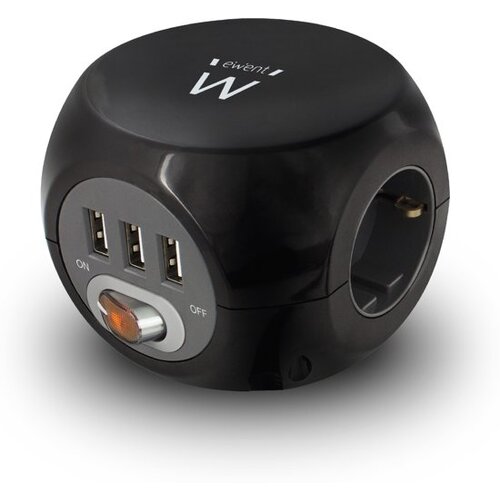 Ewent EW3938  Kubusvormige stekkerdoos 3x inclusief 3 USB-poorten, 1.5m Zwarte uitvoering