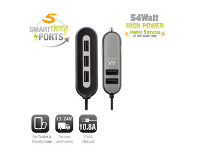 Ewent EW1355 5-Poorts USB Autolader 10.8A