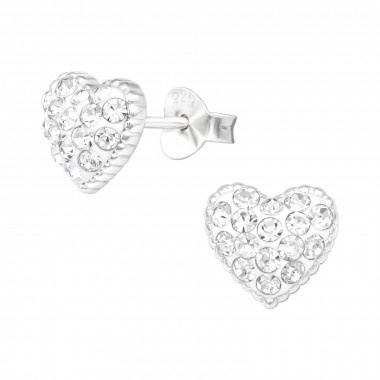 Silver ear studs heart with crystal stones
