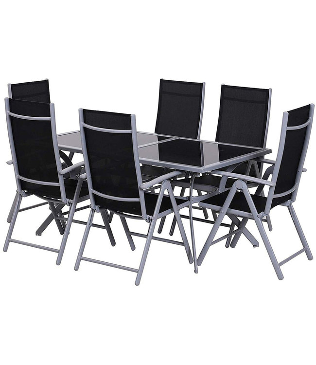 Sunny Sunny Tuinset alu inklapbaar incl. tafel met zwarte glasplaat en 6 stoelen
