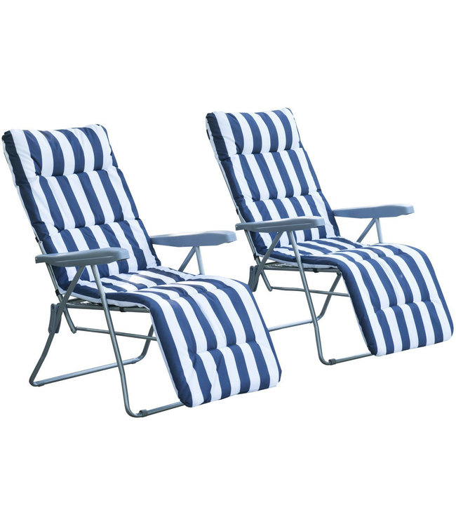 Sunny Ligstoelenset met armsteun en ligkussens opvouwbaar blauw-wit 2stuks