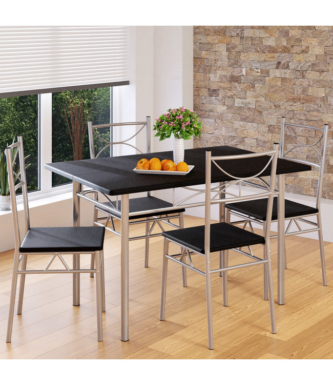 Casaria 5 delige meubelset - eettafel + 4 stoelen - zwart - 110 x 70 x 76 cm