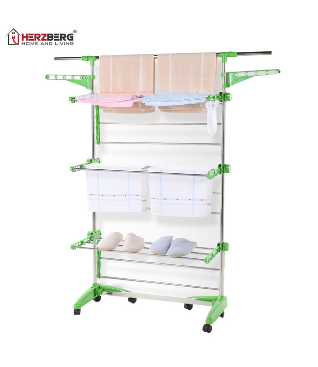 Herzberg HG-5015- Droogrek multifunctioneel -  opvouwbaar - RVS  -  Groen - 88-145 cm x 66 cm x 156 cm