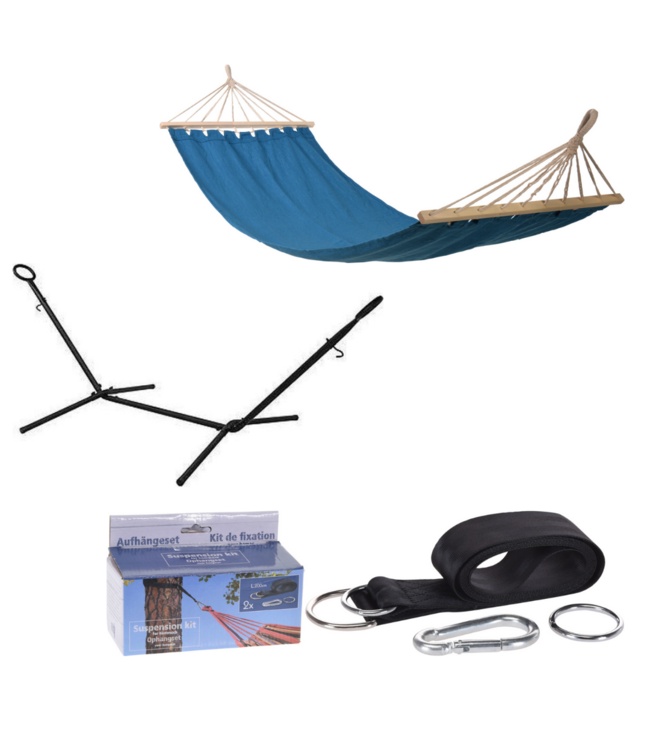 Pro Garden Standaard voor Hangmat / Hangmat Standaard - Metaal - Zwart + INCL. Pro garden Hangmat / Hammock - 200 x 80 cm -Blauw en Pro Garden Ophangset voor Hangmat