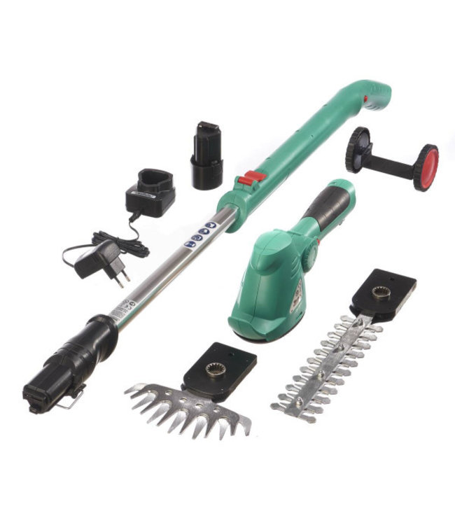 GartenMeister Snoerloze Gras- en Struikschaar set - 4 in 1 - 10,8V / 1,5 AH Accu - incl. Telescoop Handgreep