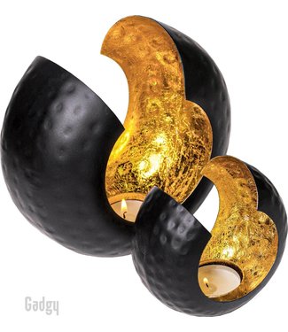 Gadgy Gadgy Waxinelichthouder Rond – Set van 2 - 17 en 12.5 cm - Theelichthouder - Zwart / Goud - Metaal