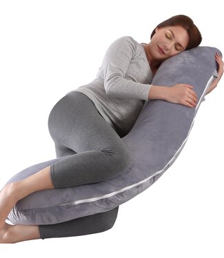 Litollo Litollo® Zwangerschapskussen (J-vorm) - Zijslaapkussen - Voedingskussen - Lichaamskussen - Body pillow - 145cm - Zachte fleece stof - Afneembare hoes - Grijs