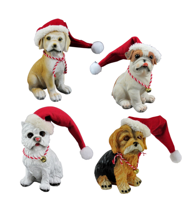 Honden met kerstmuts 14cm SET van 4 stuks - Kerstfiguren