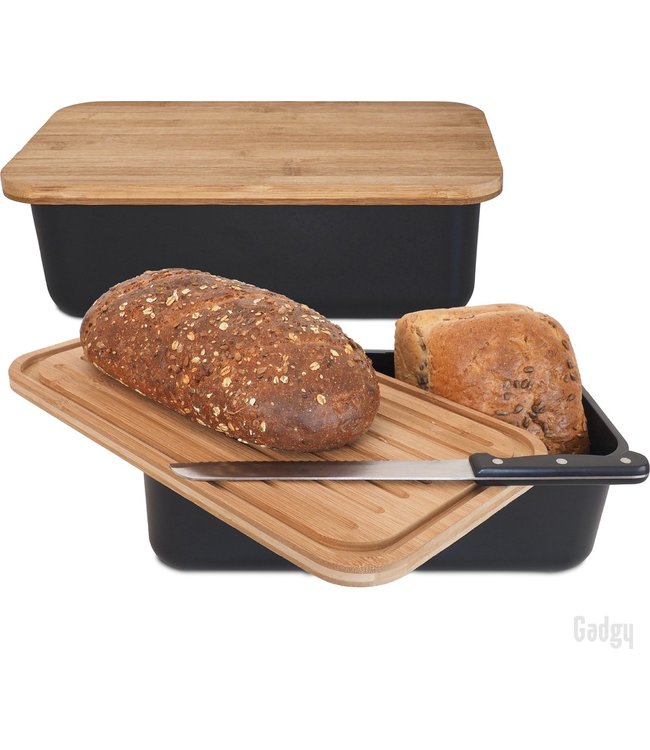 Gadgy Broodtrommel - met Bamboe Deksel – Brooddoos met Snijplank - BPA vrij - 36x19.5x11.5 cm- zwart