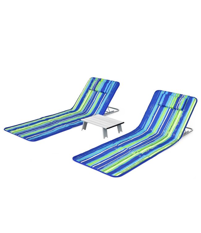 Coast 2 Opvouwbare Strandmatten met Bijzettafel - 151 x 55,5 x 27-47 - Blauw/Groen