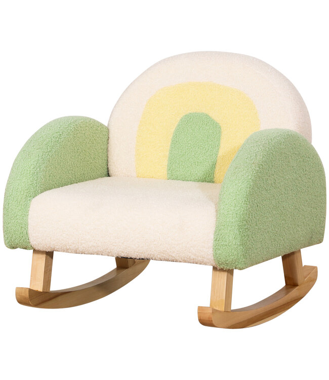 HOMdotCOM schommelstoel voor peuters Leuk ontwerp, imitatieschaapenvacht, eucalyptushout, groen+geel/beige