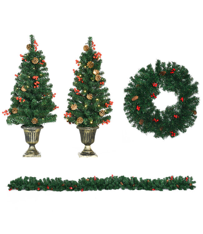 HOMdotCOM 4-delige set kerstversieringen, 2 kerstbomen, 1 kerstkrans, 1 kerstslinger inclusief LED-verlichting