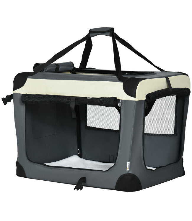 Paws transporttas, transportdoos, voor katten en kleine honden, opvouwbaar, 3 deuren, grijs+zwart, 70 x 51 x 50 cm