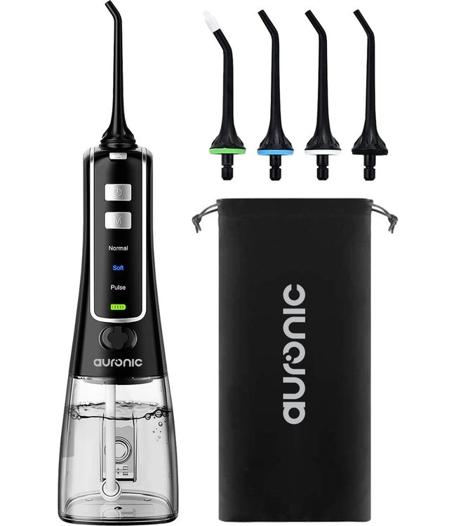 Auronic Auronic Waterflosser - Elektrisch - Monddouche - 3 Standen - Veilig Voor Beugels - 4 Opzetstukjes - 300 ml - Zwart