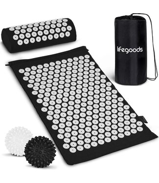 LifeGoods LifeGoods Acupressuur Mat met Kussen - Shakti mat - Spijkermat Incl. 2x Triggerpoint Bal - 66x40x2cm - Zwart/Wit