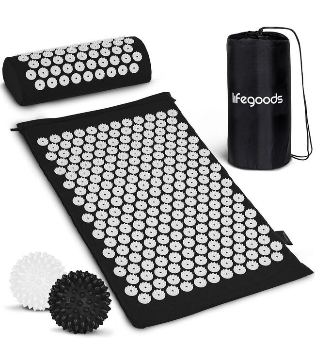 LifeGoods Acupressuur Mat met Kussen - Shakti mat - Spijkermat Incl. 2x Triggerpoint Bal - 66x40x2cm - Zwart/Wit