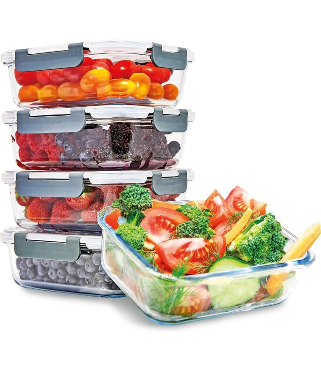 KitchenBrothers Meal Prep Bakjes - Vershoudbakjes Set - Luchtdicht - BPA Vrij - 1L - Glas - 5 Stuks