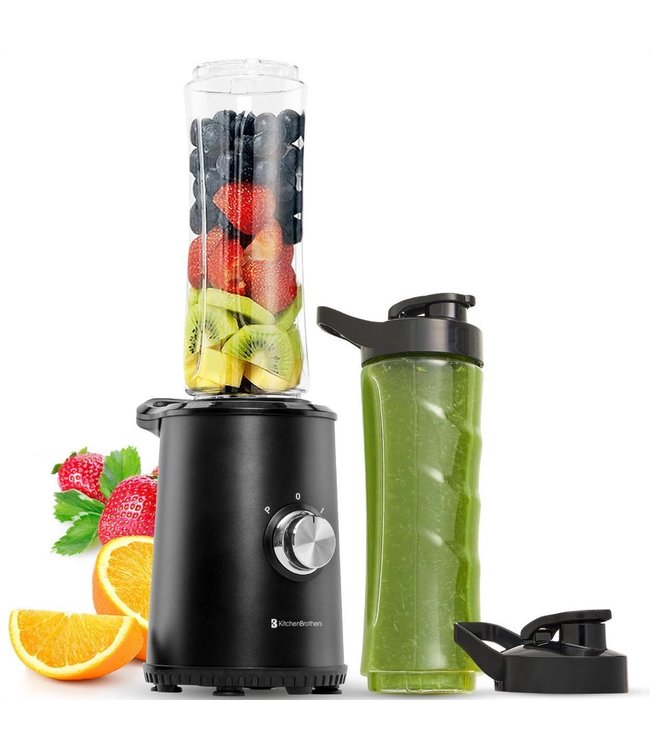 KitchenBrothers Mini Blender - Smoothie Maker - 2 To-Go Bekers - 350W - Zwart