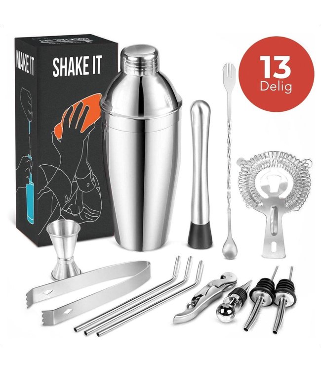 KitchenBrothers Cocktail Shaker Set - 13 Delig - Complete Set - Cadeauverpakking - 750 ml - RVS