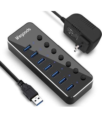 LifeGoods LifeGoods USB Hub 3.0 - USB Splitter met 7 Poorten - met Voeding - 5 GBPs - Led Indicatie - Zwart