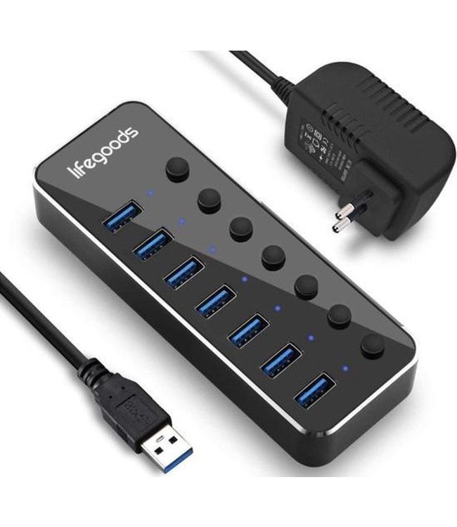 LifeGoods USB Hub 3.0 - USB Splitter met 7 Poorten - met Voeding - 5 GBPs - Led Indicatie - Zwart