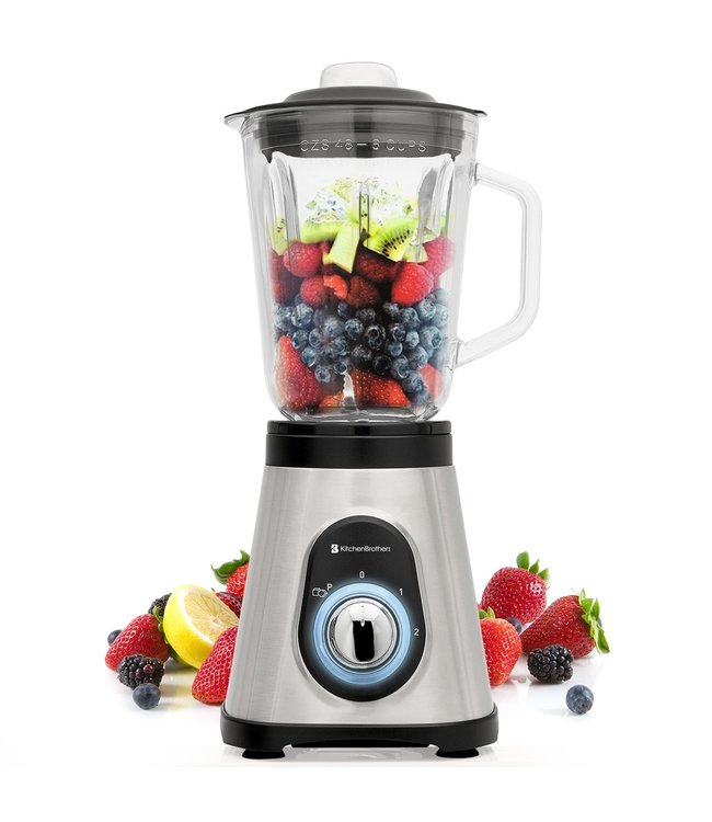 KitchenBrothers KitchenBrothers Smoothie Blender - 1.5 Liter - Glazen Kan - 3 Standen - 700W - RVS/Zwart