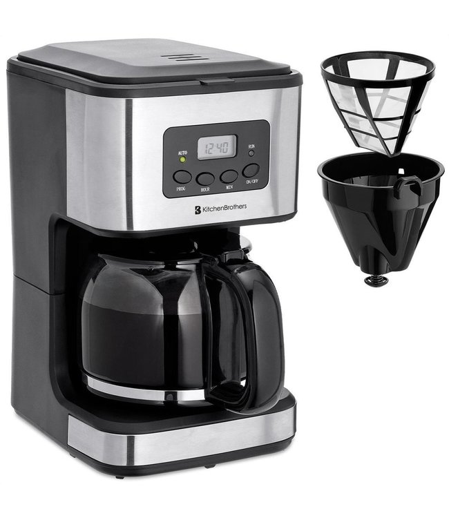 KitchenBrothers Koffiezetapparaat - Koffiemachine incl. Glazen Kan - 1,5L - Herbruikbare filter - Timerfunctie - Zwart/RVS