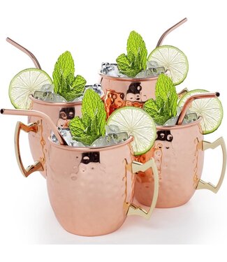 KitchenBrothers KitchenBrothers Moscow Mule Bekers - Cocktailglazen met Rietjes - 4 Stuks - Verkoperd - 500ML