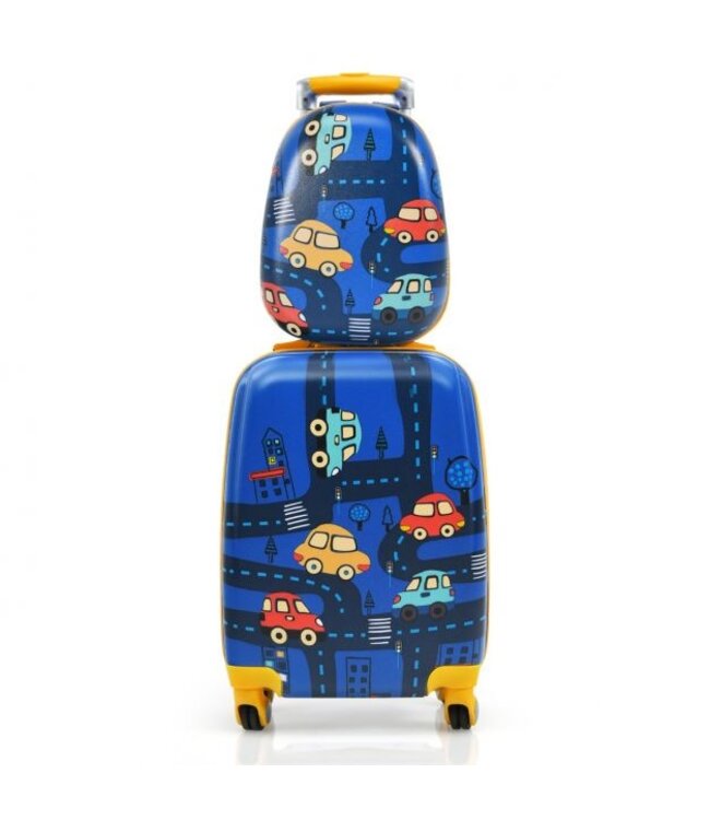 Coast Coast Kinderkofferset 2-delig Kindertrolley + Rugzak Auto's Donkerblauw