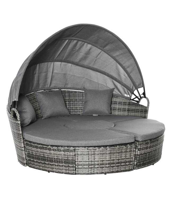 Sunny Rotan Zonne-eiland 4-delige lounge groep met zonneluifel, kussens en bijzettafel In hoogte verstelbaar Metaal Grijs 175 x 180 x 147 cm