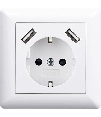 Homra Homra Brock USB Stopcontact Wit - Inbouw Wandcontactdoos - Glanzend Kunststof - Witte Wanddoos - Contactdoos - 2.800mA - 220 volt - USB Oplader - Snel Opladen - Fast Charge - Randaarde - Europees Stopcontact - 80x80mm - Met Kinderbeveiliging