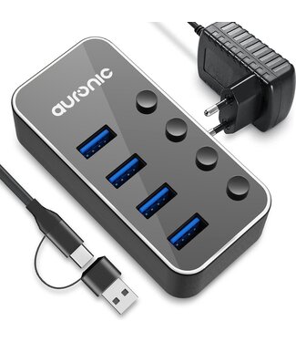 Auronic Auronic USB Hub 3.0 - USB Splitter met 4 Poorten - met Voeding - 5 GBPs - Led Indicatie - Zwart