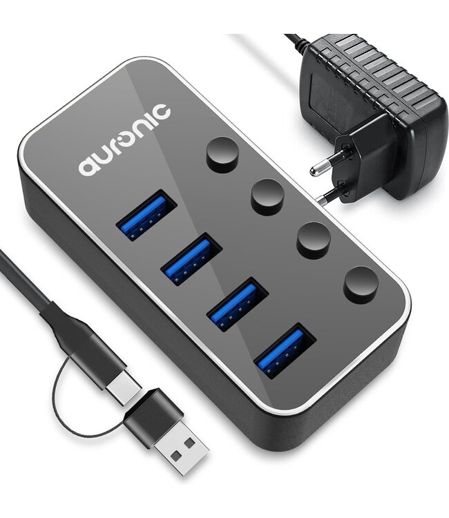 Auronic USB Hub 3.0 - USB Splitter met 4 Poorten - met Voeding - 5 GBPs - Led Indicatie - Zwart