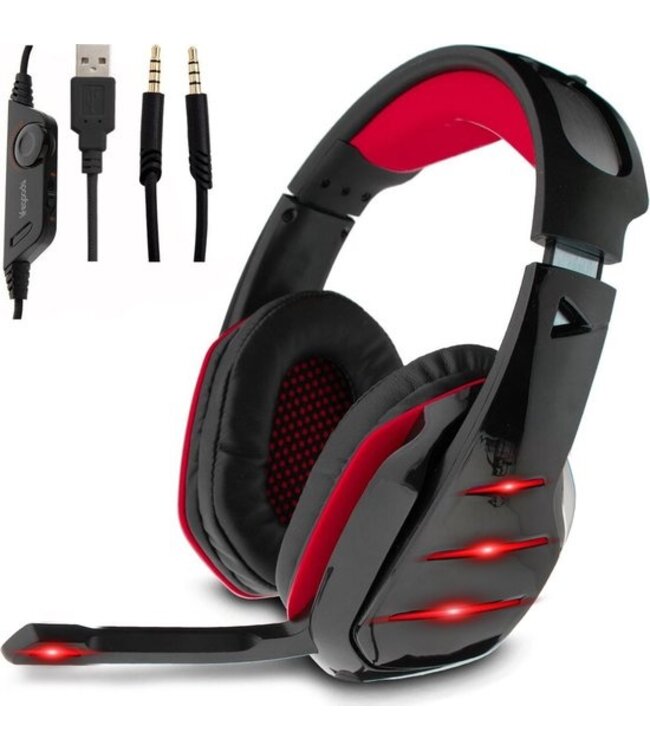LifeGoods Gaming Headset met Microfoon - Noise Reducing - 3,5 mm Jack en USB - Rood/Zwart