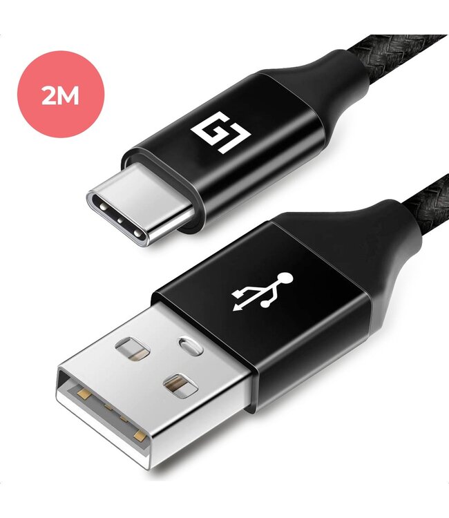 LifeGoods USB-C kabel - 2M - 2.4A - USB C naar USB-A - Gevlochten Nylon - Zwart