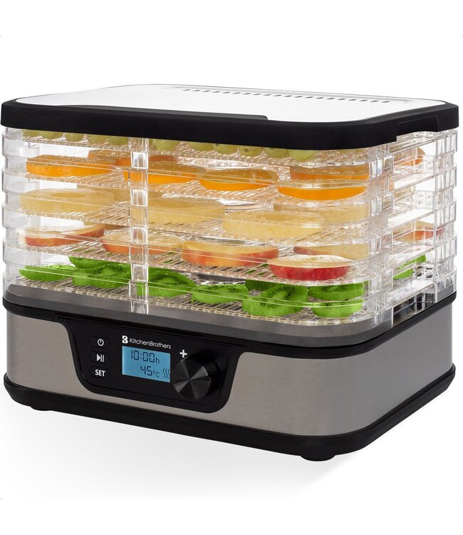 KitchenBrothers - 5-laagse Elektrische Voedseldroger - 9 Hitte-niveaus - LCD Display met Timer - RVS/Zwart