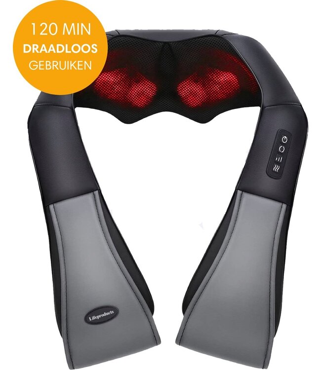 Lifeproducts Oplaadbaar Shiatsu Massagekussen - Draadloos Verwarmd Nek en Rug massageapparaat