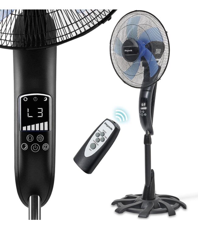 LifeGoods Statiefventilator - Staande Ventilator met Afstandsbediening - Timer - 50W - 53dB - Zwart