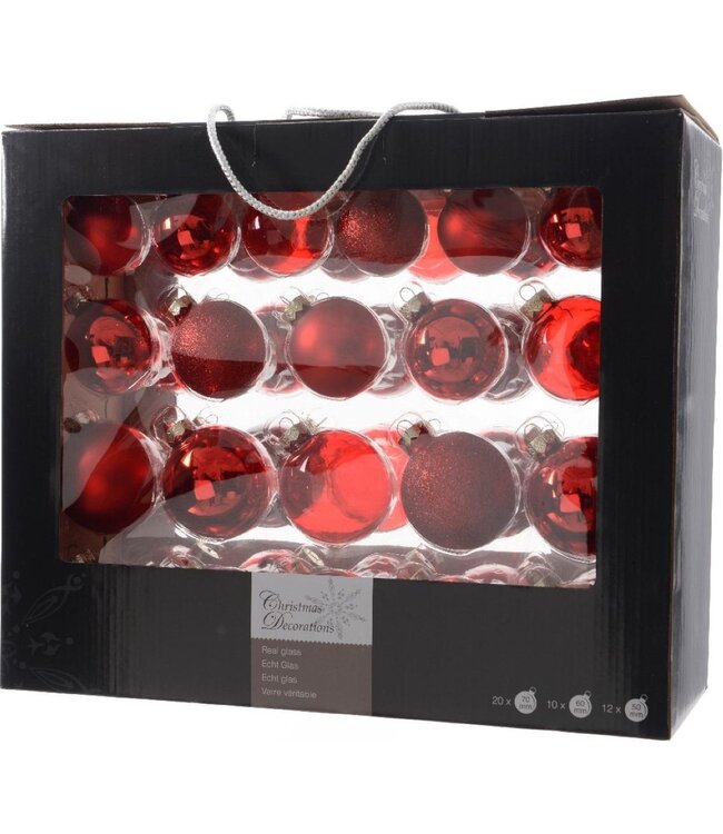 Decoris Kerstballen Glas Mix - Kerstboomversiering - Ø5-7 cm Rood 42 stuks