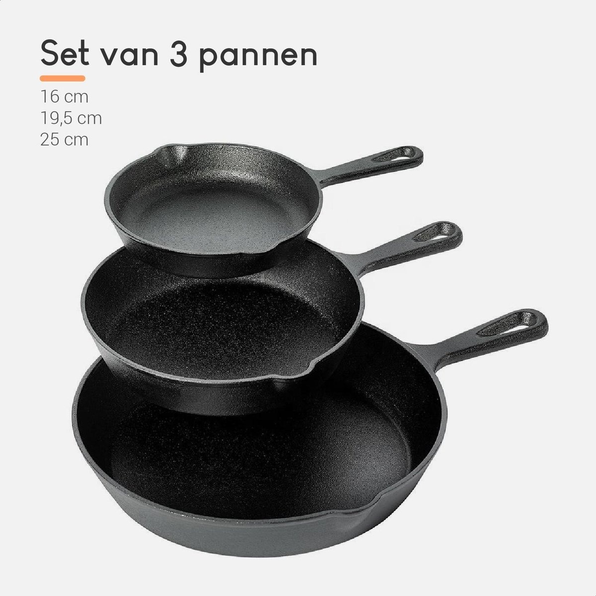 Koop Tweedekans Ocina Gietijzeren pan Set van 3 stuks ø25cm, ø19.5cm en ø16cm Skillet
