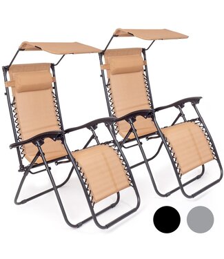 LifeGoods LifeGoods Opvouwbare Tuinstoelen - met Luifel - Verstelbaar Zonnescherm - 2 Stuks - 30°-90° Verstelbaar - Metaal - Beige