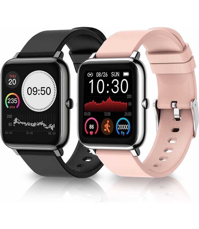 MM Brands | Waterdichte Smartwatch voor Dames en Heren met Zwart + Roze Bandje - Horloge met veel opties