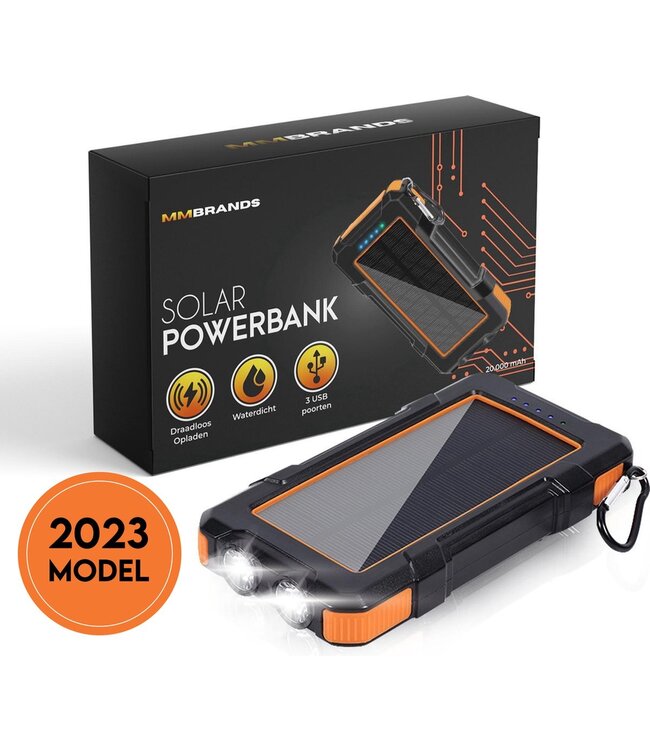 MM Brands Solar Powerbank 20000 mah - USBC/Micro USB - Wireless Charger - Oranje
